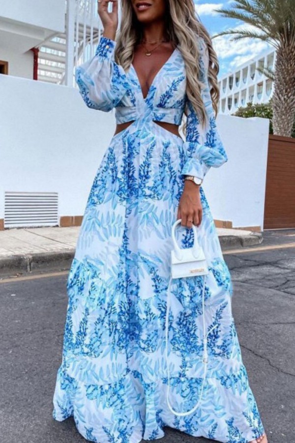 Light Blue Casual Print Hollowed Out V Neck Long Sleeve Dresses