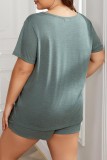 Brick Red Casual Living Solid Basic O Neck Plus Size Sleepwear Two Pieces
