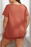 Brick Red Casual Living Solid Basic O Neck Plus Size Sleepwear Two Pieces
