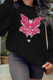 Black Daily Vintage Butterfly Print Patchwork O Neck Tops
