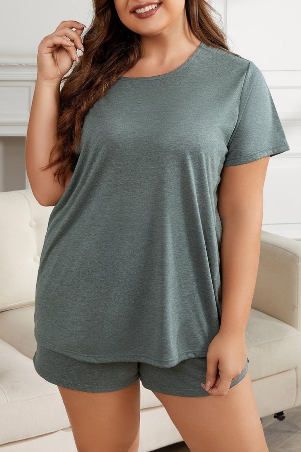 Green Casual Living Solid Basic O Neck Plus Size Sleepwear Two Pieces