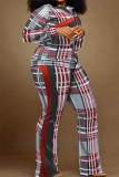 Red Casual Print Patchwork Contrast Turndown Collar Plus Size Two Pieces