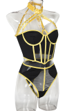 Black Yellow Sexy Solid Patchwork Metal Accessories Decoration Mesh Contrast Lingerie