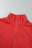 Red Casual Solid Basic Zipper Collar Short Sleeve Two Pieces