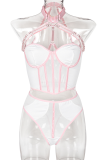 White Pink Sexy Solid Patchwork Metal Accessories Decoration Mesh Contrast Lingerie
