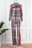 Red Casual Print Patchwork Contrast Turndown Collar Plus Size Two Pieces