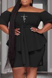 Black Casual Print Basic Off the Shoulder Plus Size Two Pieces
