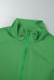 Green Casual Solid Basic Zipper Collar Short Sleeve Two Pieces