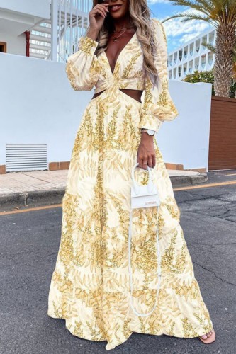 Yellow Casual Print Hollowed Out V Neck Long Sleeve Dresses