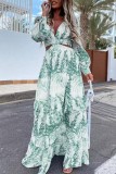 Light Blue Casual Print Hollowed Out V Neck Long Sleeve Dresses