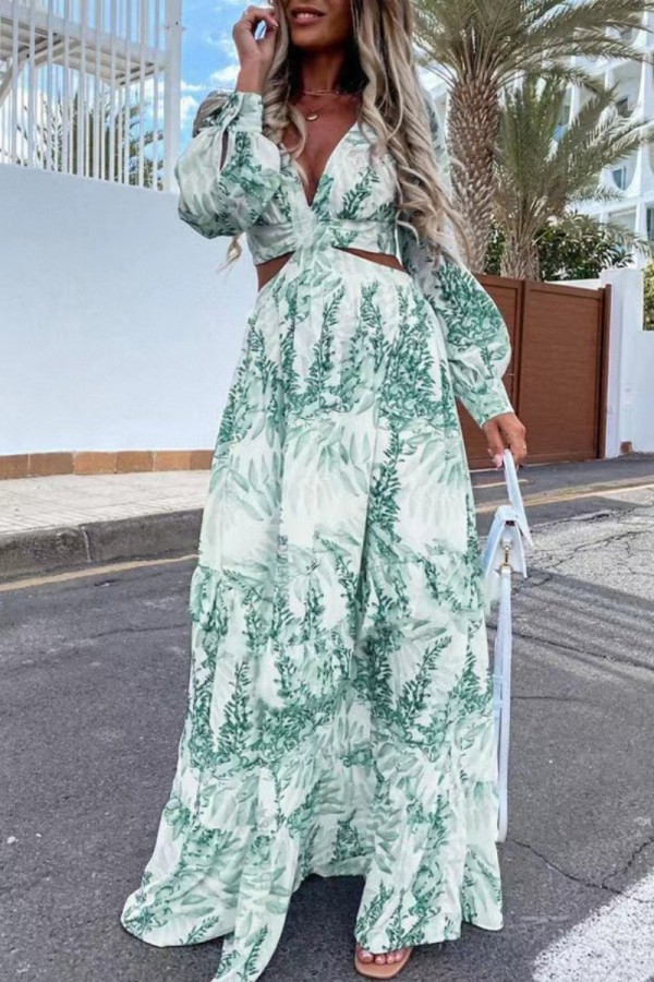 Green Casual Print Hollowed Out V Neck Long Sleeve Dresses