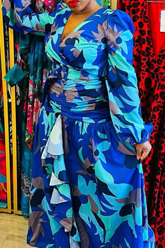 Blue College Print Patchwork V Neck Printed Dress Dresses(With a belt)