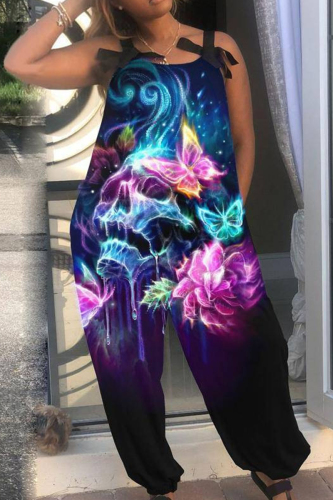 Black Purple Halloween Costumes Skull Flower Print Sleeveless Tie Shoulder Cami Wide Leg Jumpsuit