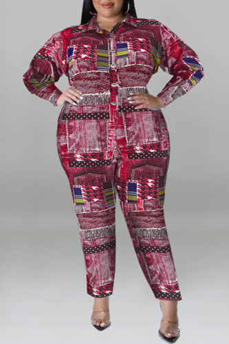 Burgundy Casual Print Patchwork Buckle Turndown Collar Plus Size Jumpsuits