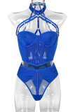Blue Sexy Solid Patchwork Metal Accessories Decoration Mesh Contrast Lingerie