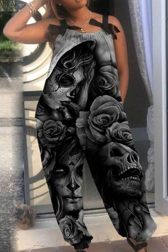Dark Gray Halloween Costumes Skull Flower Print Sleeveless Tie Shoulder Cami Wide Leg Jumpsuit
