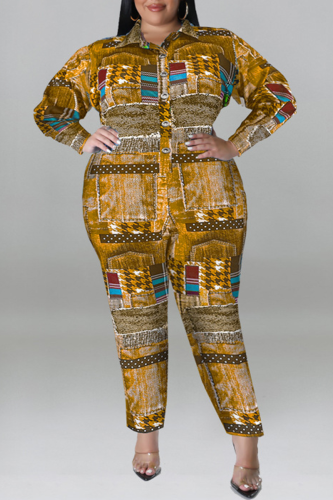 Orange Casual Print Patchwork Buckle Turndown Collar Plus Size Jumpsuits