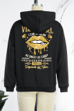 Black Daily Vintage Lips Printed Draw String Hooded Collar Tops