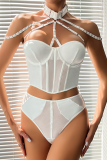 White Pink Sexy Solid Patchwork Metal Accessories Decoration Mesh Contrast Lingerie