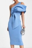 Blue Sexy Formal Solid Patchwork Backless Oblique Collar Evening Dress Dresses