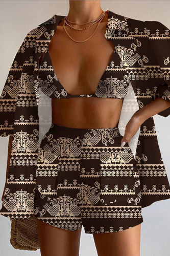 Black Casual Print Patchwork Pocket Buttons Turndown Collar Three Quarter Two Pieces(Three Pieces)
