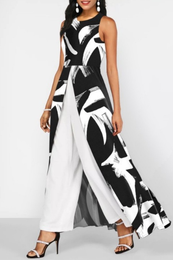 White Graphic Print Sleeveless Slim Fit Casual Vacation Straight Wide Leg Jumpsuit