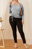 Grey Casual Solid Draw String Frenulum O Neck Plus Size Tops