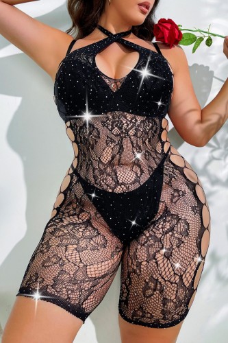 Black Sexy Living Solid Hollowed Out See-through Backless Lingerie