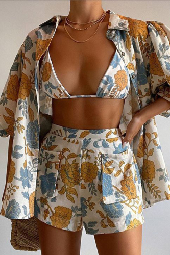 Blue Yellow Casual Print Patchwork Pocket Buttons Turndown Collar Three Quarter Two Pieces(Three Pieces)