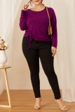 Purple Casual Solid Draw String Frenulum O Neck Plus Size Tops