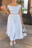 White Casual Daily Elegant Vacation Plain Draw String Buckle Fold Off the Shoulder Short Sleeve Two Pieces