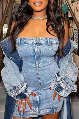 Blue Sexy Solid Patchwork Buttons Backless Strapless Sleeveless High Waist Skinny Denim Dresses(Without Outerwear )