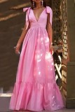 Pink Casual Solid Frenulum Backless V Neck Long Dress Dresses