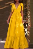 Yellow Casual Solid Frenulum Backless V Neck Long Dress Dresses