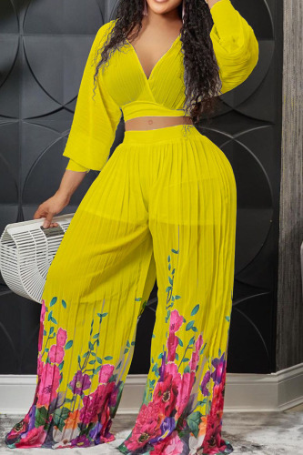 Yellow Elegant Print Patchwork V Neck Long Sleeve Two Pieces