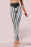 Black Casual Sportswear Striped Print Patchwork Skinny High Waist Pencil Patchwork Trousers