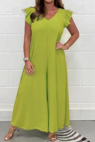 Fluorescent Green Casual Solid Basic V Neck Regular Jumpsuits
