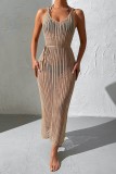 Camel Sexy Solid Hollowed Out See-through Slit V Neck Beach Dress Dresses
