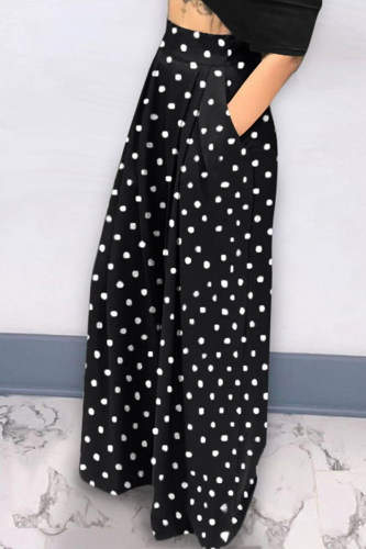 Black Casual Street Dot Print Patchwork Pocket Fold Straight High Waist Wide Leg Full Print Bottoms