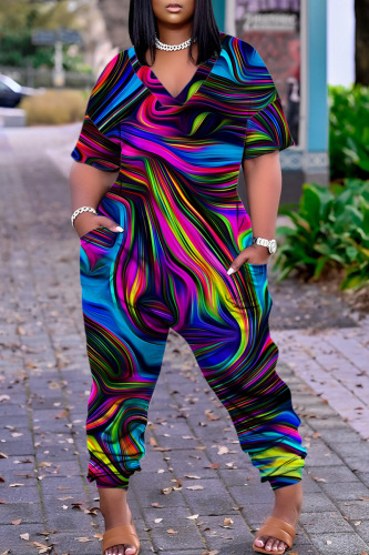 Multicolor Casual Print Basic V Neck Regular Jumpsuits