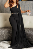Black Casual Daily Elegant Cut Out Asymmetrical Solid Color One Shoulder Regular Jumpsuits