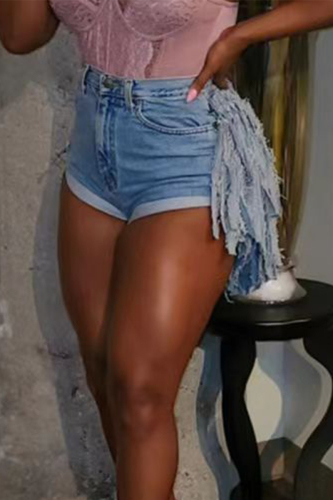 Light Blue Sexy Casual Street Solid Tassel Patchwork Pocket High Waist Straight Denim Shorts