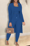 Deep Blue Casual Solid Patchwork Long Sleeve Three Pieces