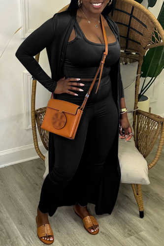 Black Casual Solid Basic U Neck Long Sleeve Three Piece Set