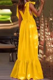 Yellow Casual Solid Frenulum Backless V Neck Long Dress Dresses