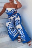 Royal Blue Sexy Casual Print Frenulum Backless Strapless Sleeveless Two Pieces