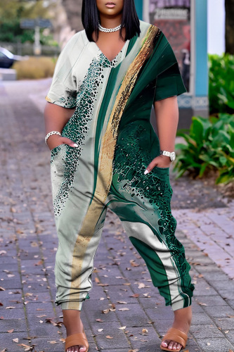 Ink Green Casual Print Basic V Neck Regular Jumpsuits