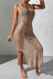 Camel Sexy Solid Hollowed Out See-through Slit V Neck Beach Dress Dresses