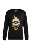 Black Casual Daily Print Skull Patchwork O Neck Tops
