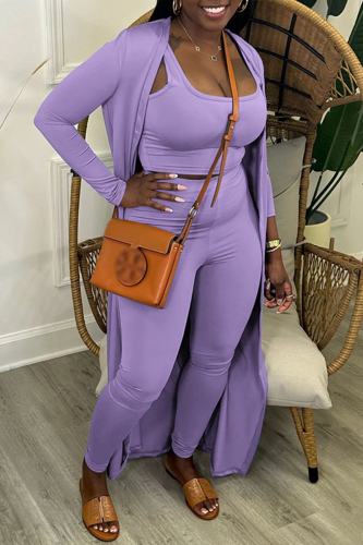 Light Purple Casual Solid Basic U Neck Long Sleeve Three Piece Set